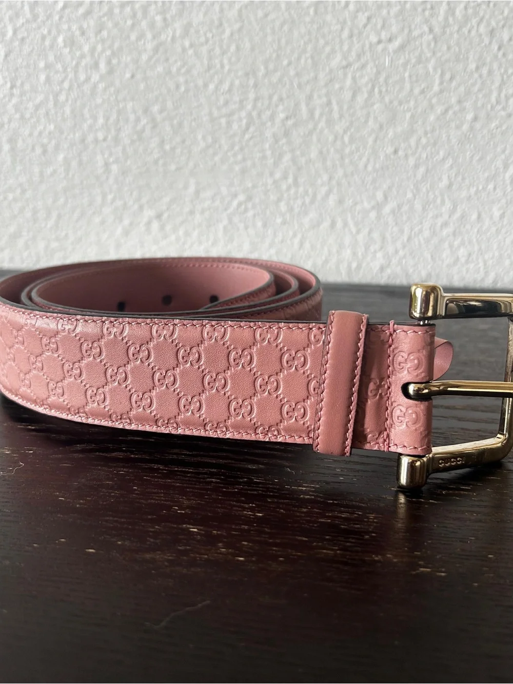 Gucci Pink GG Embossed Leather Belt with Gold-Tone Buckle